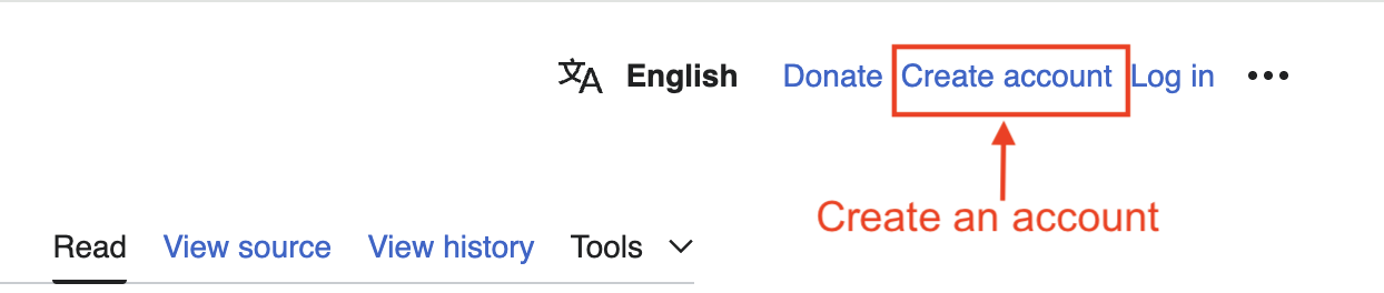 Top-right menu on Wikidata’s homepage showing the option to create a user account.