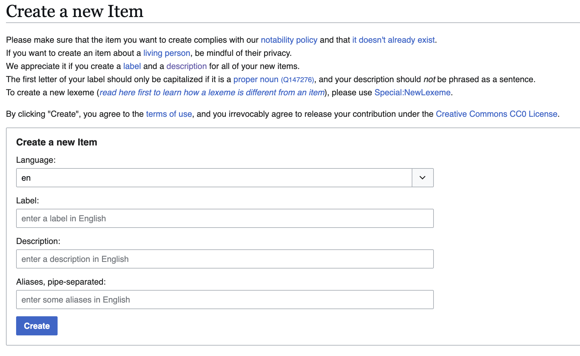 Template for creating a new item in Wikidata with ‘language’, ‘label’, ‘description’ and ‘alias’ fields.
