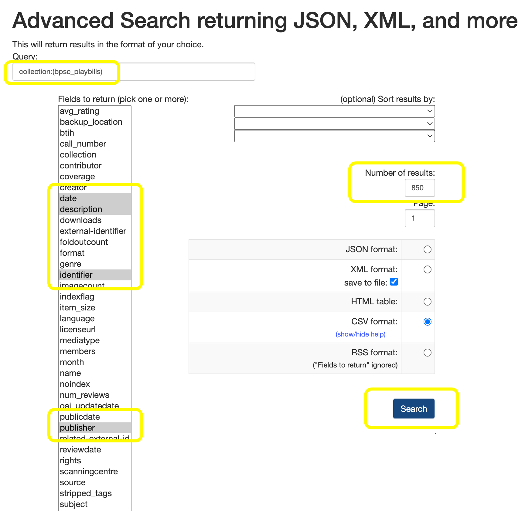 Screenshot of the Internet Archive's advanced search interface showing relevant metadata highlighted and the CSV format chosen.