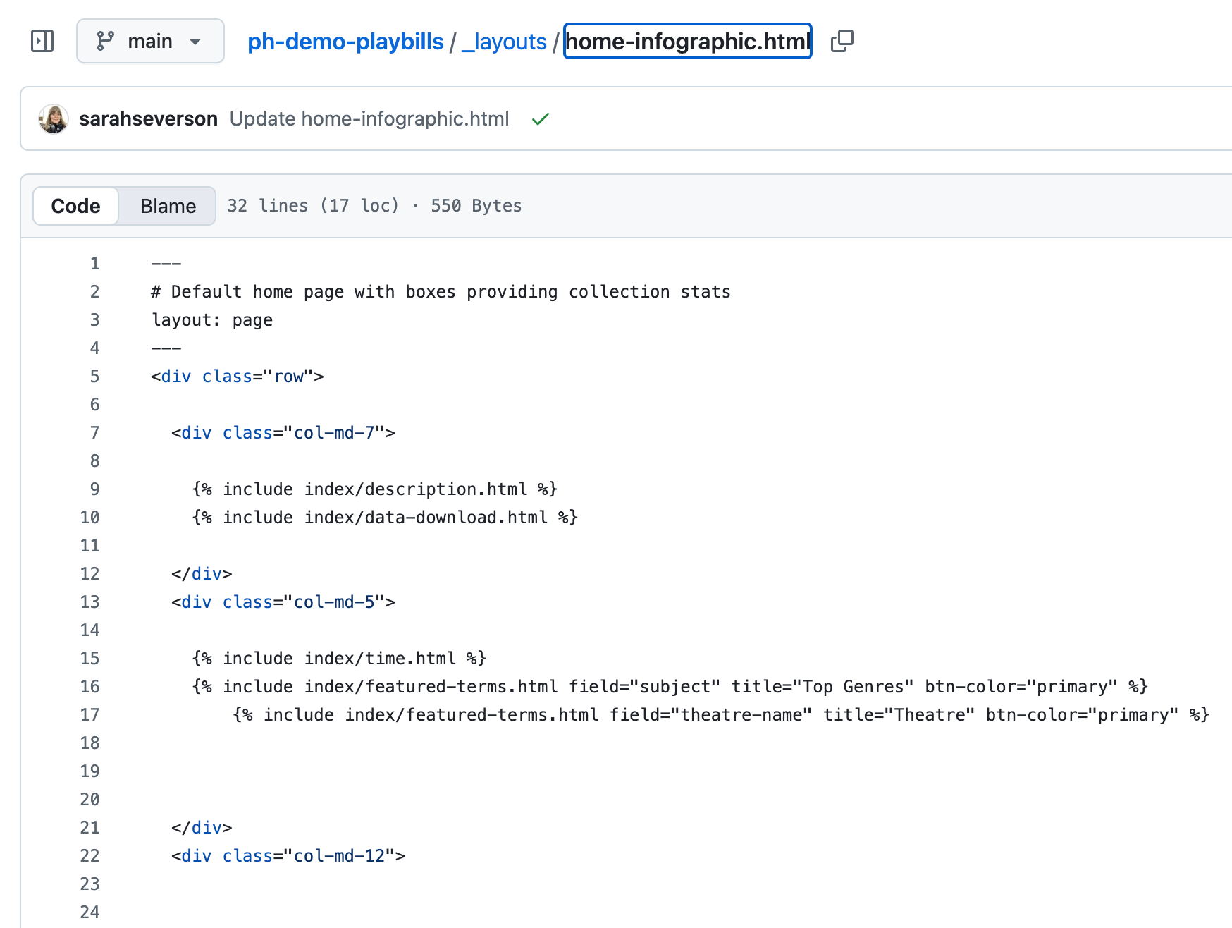 Screenshot of home-infographic.html code showing the changes to the box order and the title of the subject box.