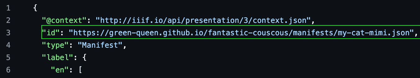 Part of a manifest JSON file. Line 3 starting with 'id' is highlighted to show the edited manifest URI.