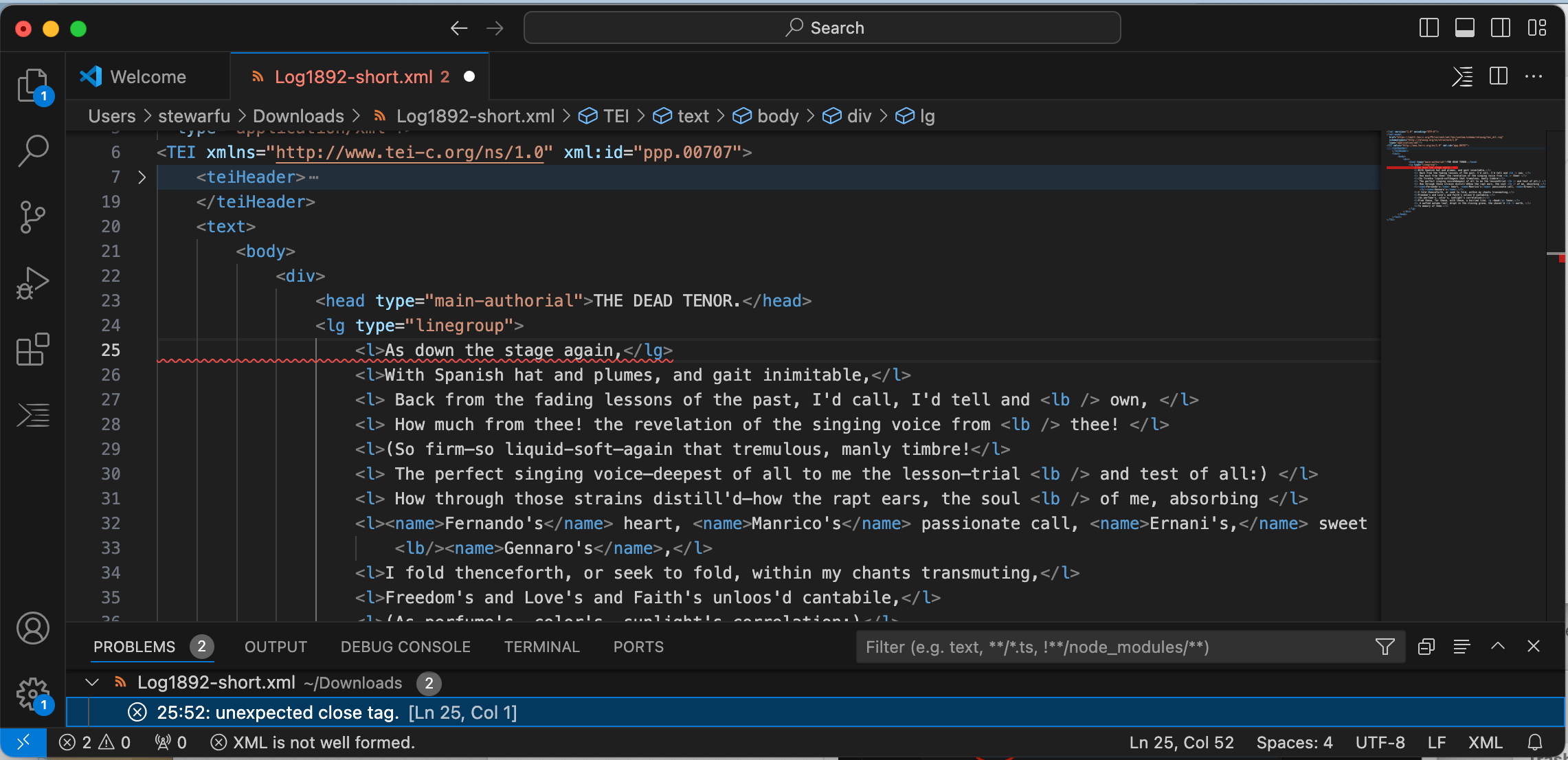 XML error in the body of the code marked with a red underline