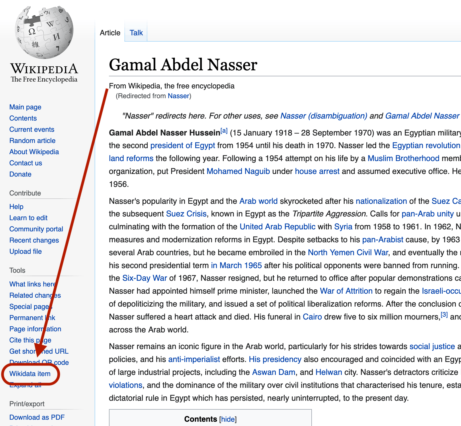 Screenshot of Wikipedia page for Gamal Abdel Nasser, with link to Wikidata item in lefthand menu circled in red.