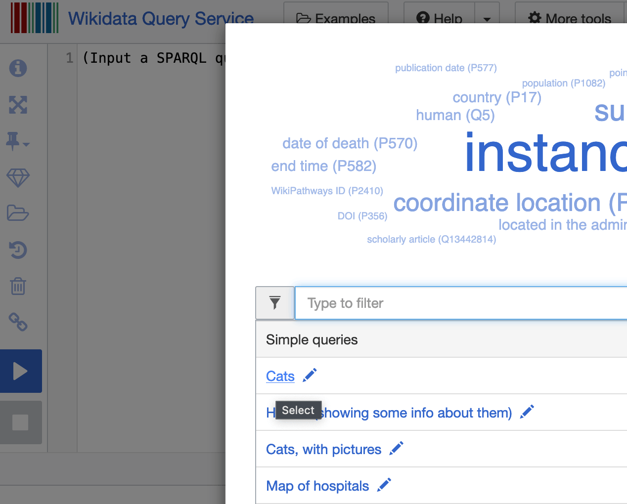 Screenshot of Wikidata Query Service hyperlink for Cats example query.